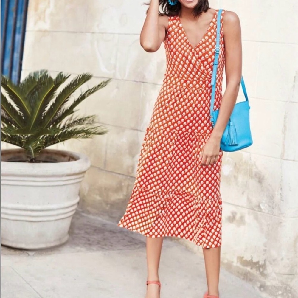 Boden Orange Printed V-Neck Midi Dress